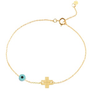 14k Gold Bracelet with  Turquoise Stone and a Little Cross