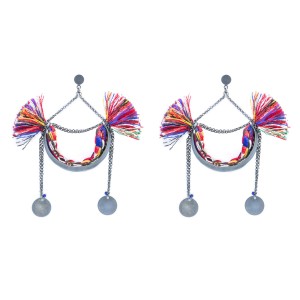 Bourgeoise Bohemian Collection Gypsy Earrings, oxidized Silver 925 Classic BoBo with colourful fabric and tassels