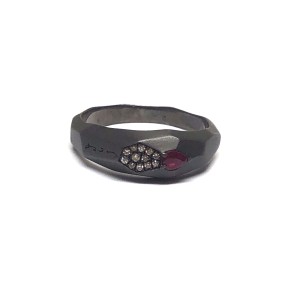 Facet Ring, rhodanised Silver 925 matte  Small Facet Ring with brown diamonds 0.05ct and ruby 0,09ct