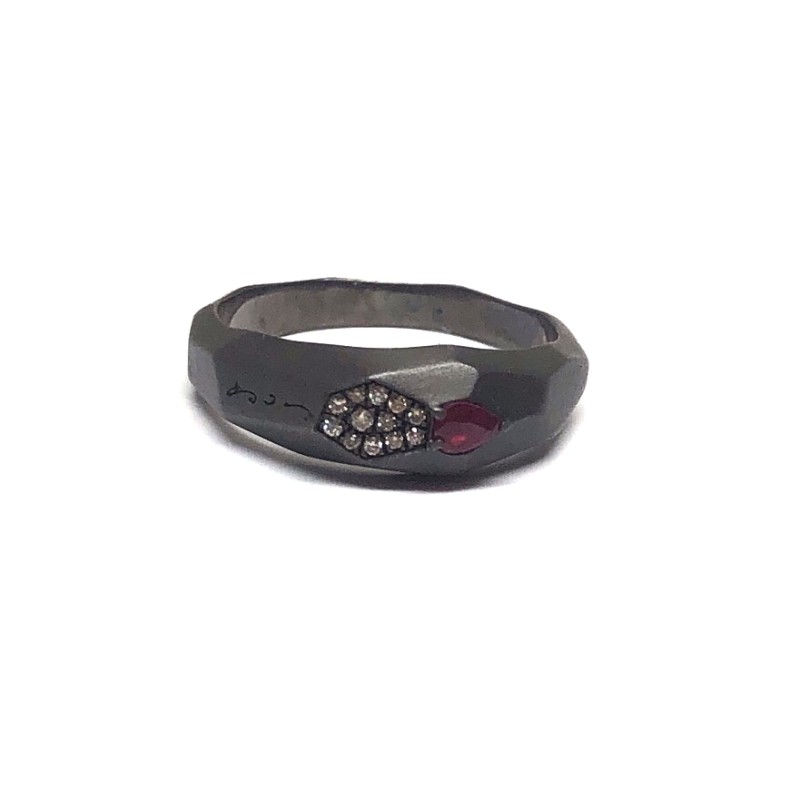Facet Ring, rhodanised Silver 925 matte  Small Facet Ring with brown diamonds 0.05ct and ruby 0,09ct Facet Ring, rhodanised Silver 925 matte  Small Facet Ring with brown diamonds 0.05ct and ruby 0,09ct