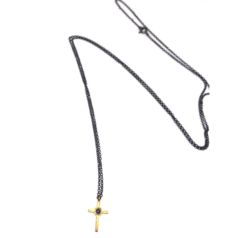 Gold K14 Cross with Rhodanised Silver 925 chain 