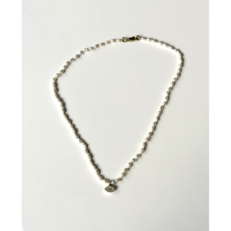 Evil eye Rice Pearl Necklace with 925 Gold-plated Silver Clasp 