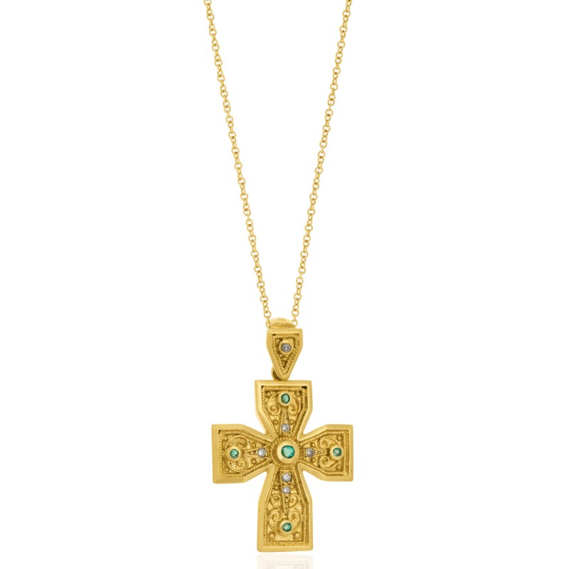 Σταυρός 18 καρατίων με σμαράγδια 0,07 ct και διαμάντι 0,05ct στο κέντρο