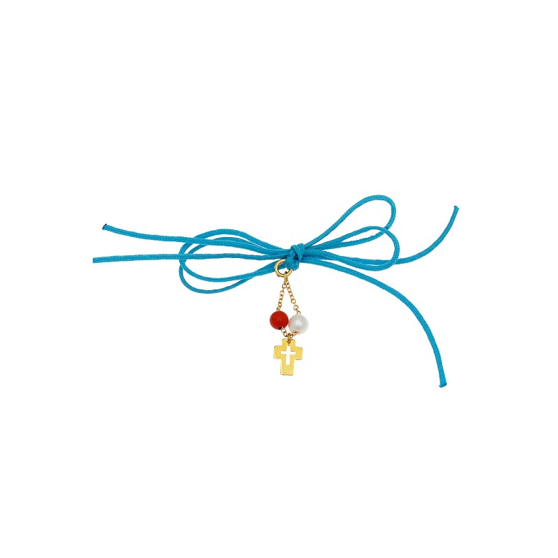 Μενταγιόν 14 καρατίων με κόκκινη χάντρα και σταυρουδάκι.Χρησιμοποιείται και σαν κρεμαστό με παραμάνα.