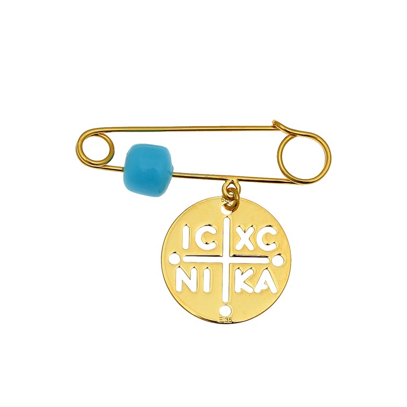 Παραμάνα κ14 καρατίων με πλακάκι ICXCNIKA και γαλάζια χαντρα.